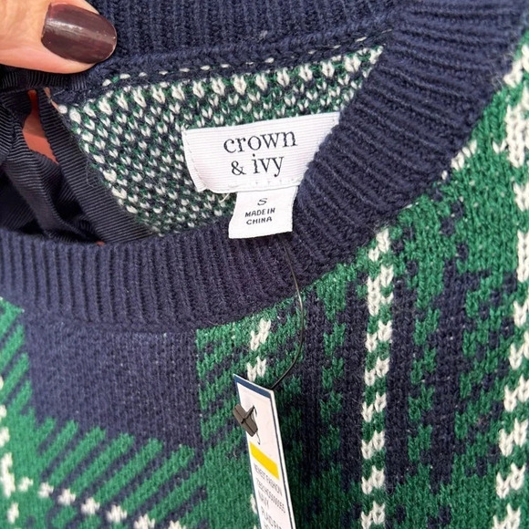 NWT Crown & Ivy Navy Plaid Holiday Party Ribbon Tie Sweater Size Small - Picture 4 of 6
